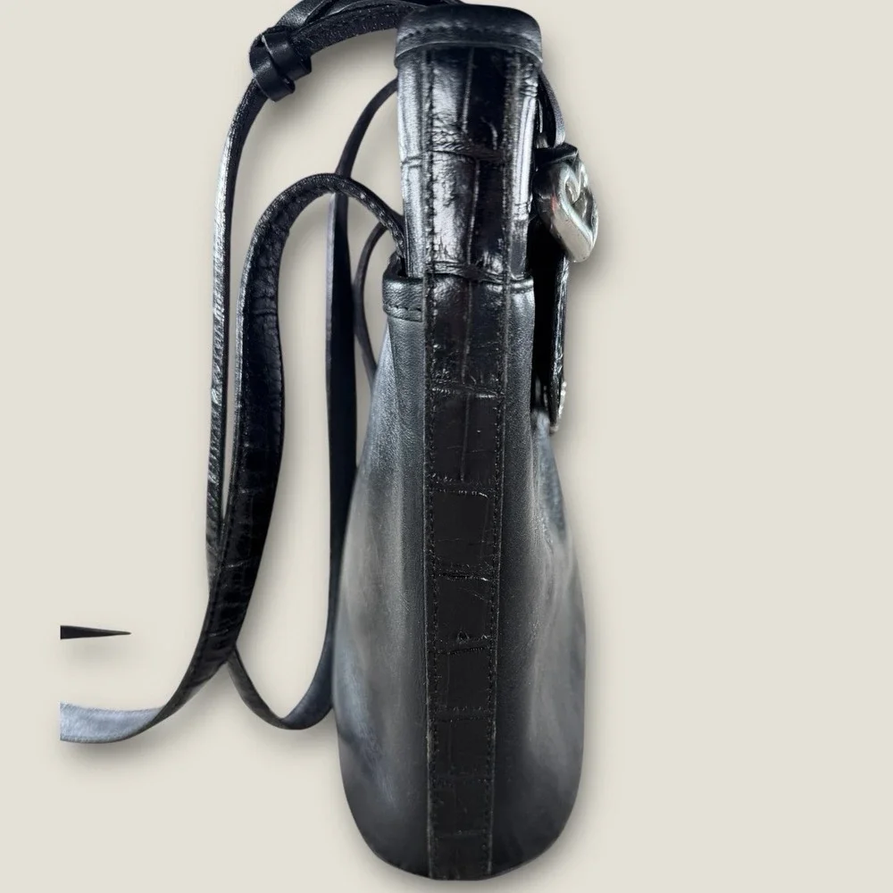 Brighton Black Leather Croc‎ Embossed Shoulder Bag Ornate Silver Heart Vintage